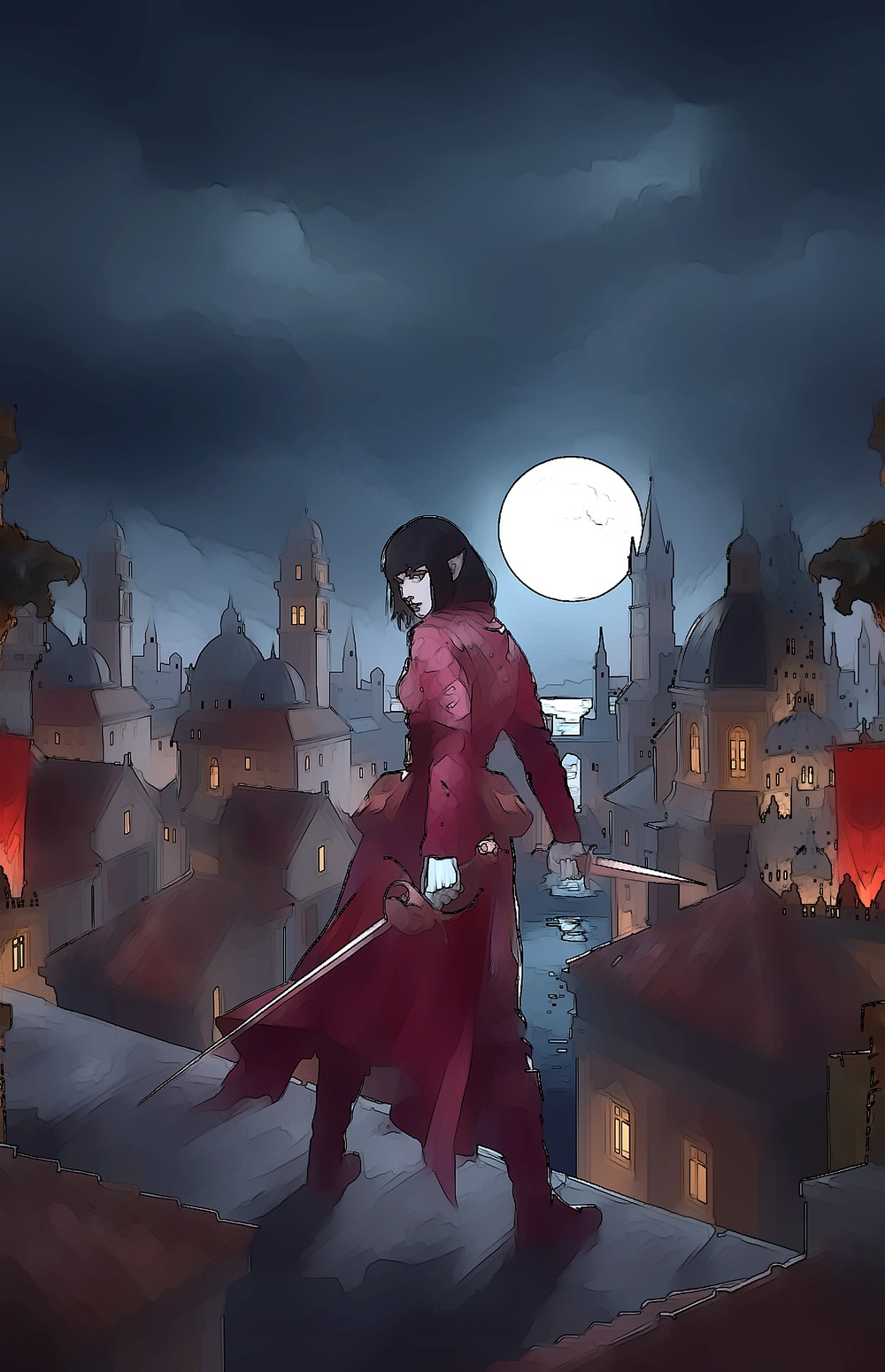 Nasyk on a Silver Vow rooftop above the city at night