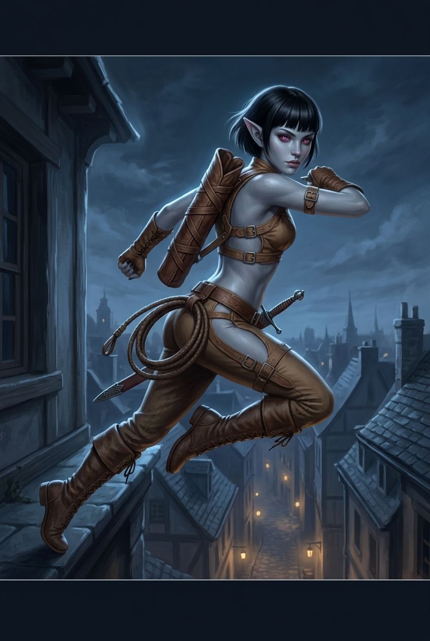 Book 1 cover — Nasyk, the blue-skinned thief, leaping across rooftops at night