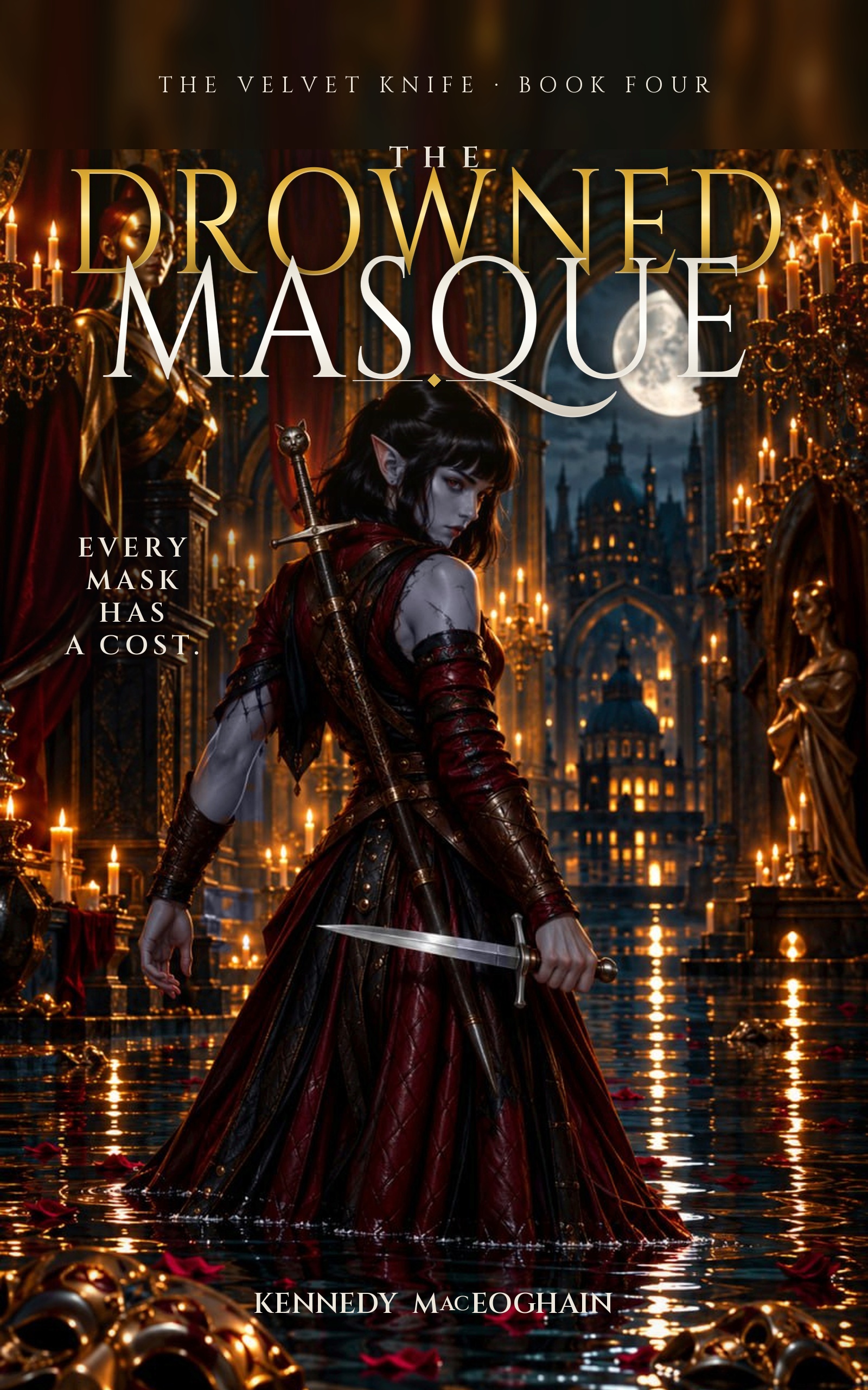 The Drowned Masque cover — Nasyk stands in a flooded Zimira canal surrounded by carnival masks and skulls, sword raised