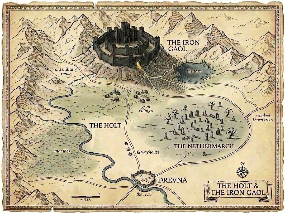 The Holt and the Iron Gaol — map from The Gaol of Tomorrow, the mountain fortress-prison, the Nethermarch standing stones, and the road to Drevna