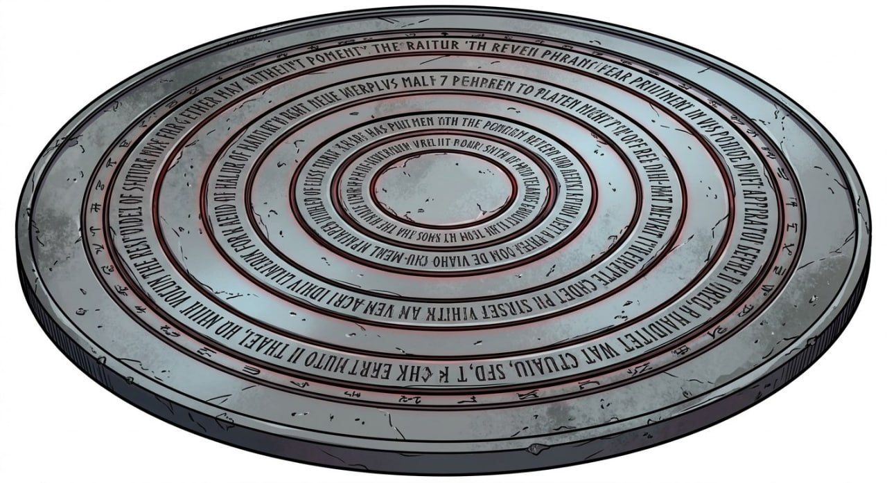 The Silver Vow artifact — an ancient silver disc engraved with spiraling inscriptions, the binding artifact of Vael Corran