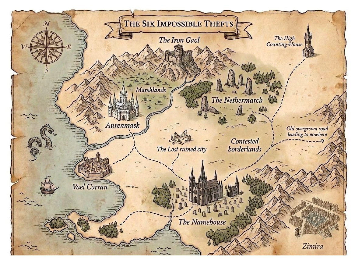 Parchment world map of The Velvet Knife series, showing all cities: Iron Gaol, High Counting-House, Aurenmask, The Nethermarch, Vael Corran, The Namehouse, and Zimira
