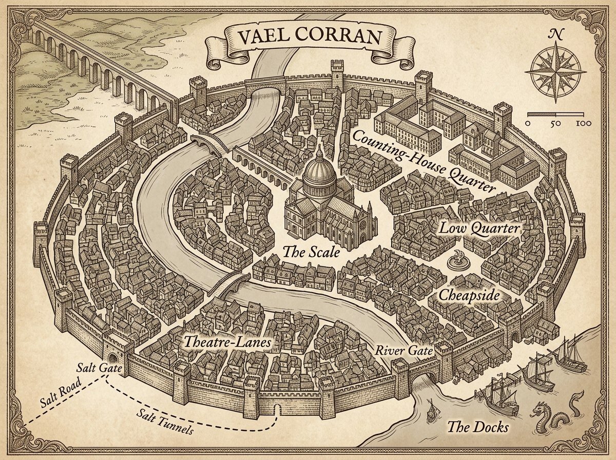 Vael Corran — walled city map from The Silver Vow
