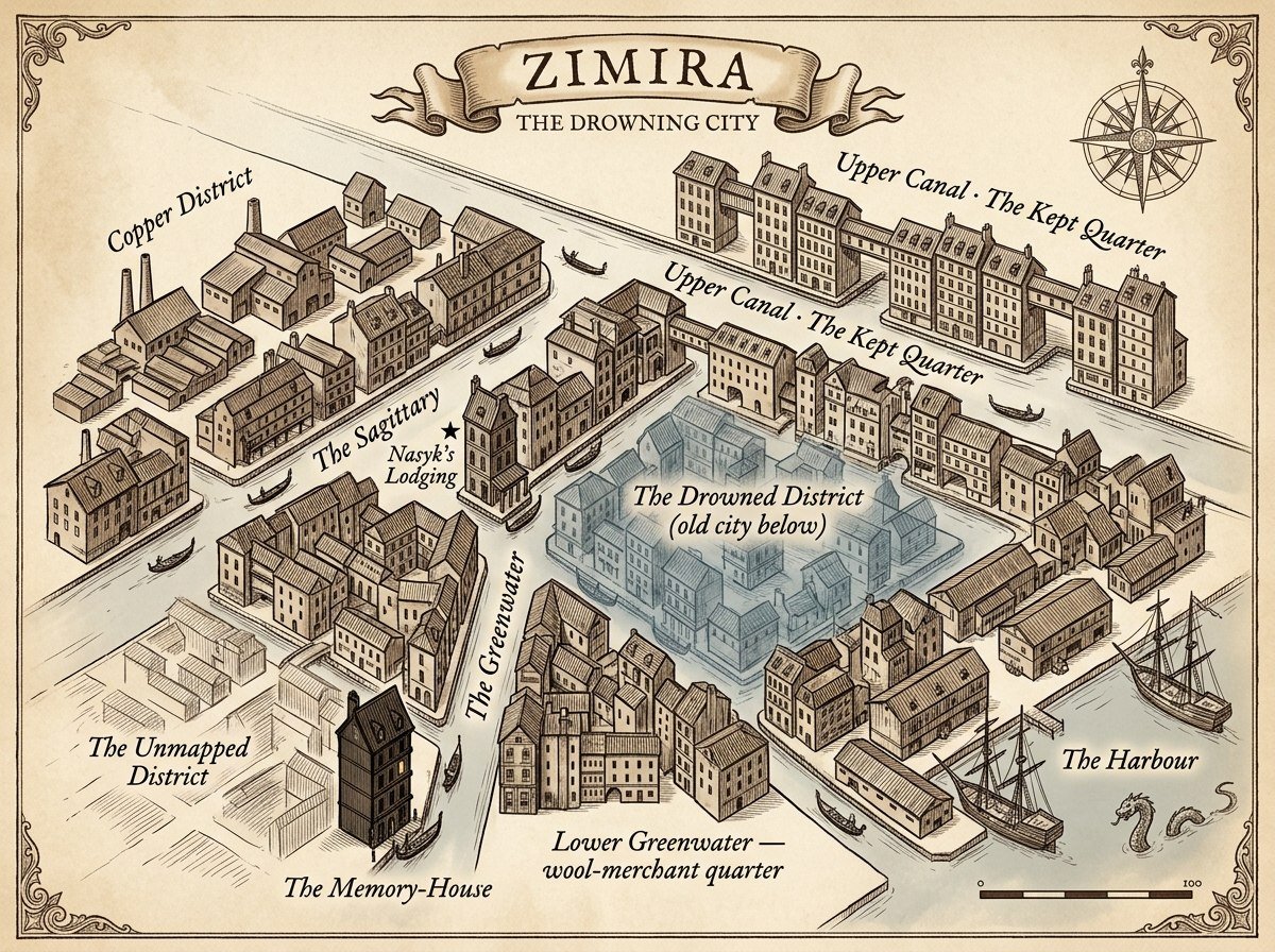 Zimira, the Drowning City — map from The Drowned Masque, with Nasyk's Lodging marked